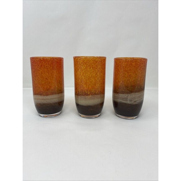 Pier 1 Tumblers 3 Mouth Blown Tri-Color Orange Speckle Cream Brown 12oz Glasses - Picture 1 of 4